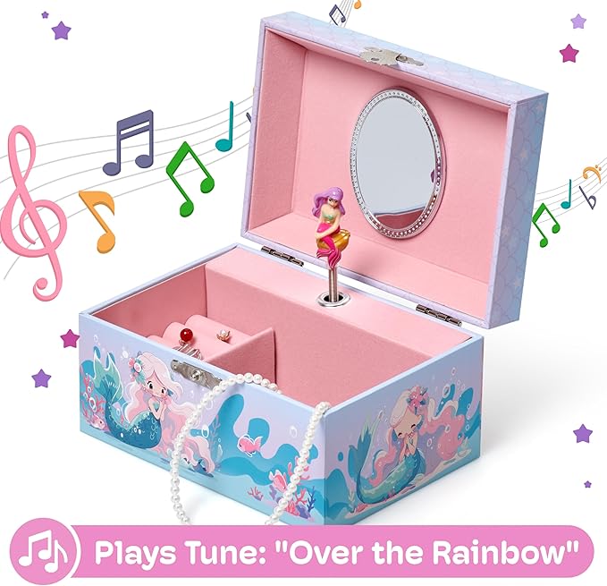 Jewelkeeper Girls Musical Jewelry Box - Durable Pine Fiberboard with Soft Pink Lining - Kids Jewelry Box - The Beautiful Dreamer Tune - Gifts for Girls - Mermaid Jewellery Box - 6x4x3.5in-BubblyBeeBaby