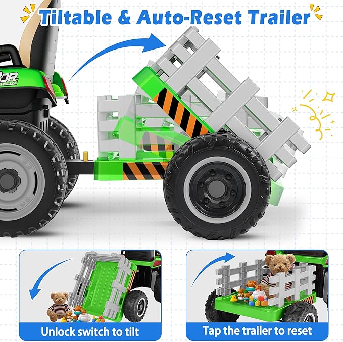 24V Ride On Tractor w/Tiltable & Detachable Trailer, 2x65W Motors, EVA Tires, Remote Control, Bluetooth, Shifter, Music, Electric Car for Kids, Green-BubblyBeeBaby