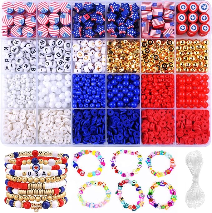 2480pcs President's Independence Day Polymer Clay Beads Charms Friendship Bracelet Necklace Earring Jewelry Making kit, Accessories for Arts Crafts DIY Birthday Gifts for Girls Children American Flag-BubblyBeeBaby