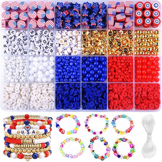 2480pcs President's Independence Day Polymer Clay Beads Charms Friendship Bracelet Necklace Earring Jewelry Making kit, Accessories for Arts Crafts DIY Birthday Gifts for Girls Children American Flag-BubblyBeeBaby