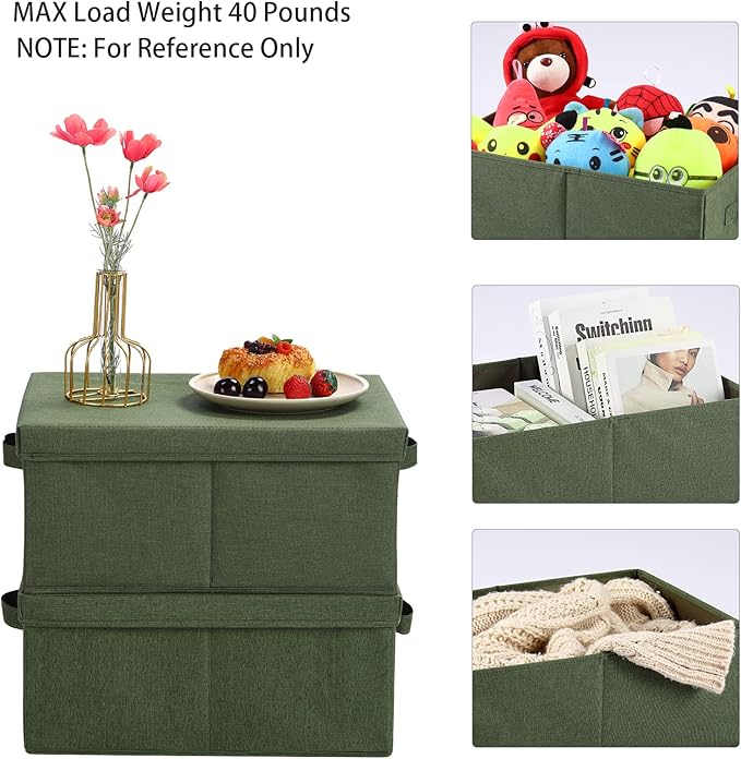 HOONEX Storage Bins with Lids for Organizing, Pack of 2, Storage Boxes with 2 Carrying Handles and Sturdy Heavy Cardboard, 16.5" L x 11.8" W x 7.5" H for Shoes, Books, Clothes, Olive-BubblyBeeBaby