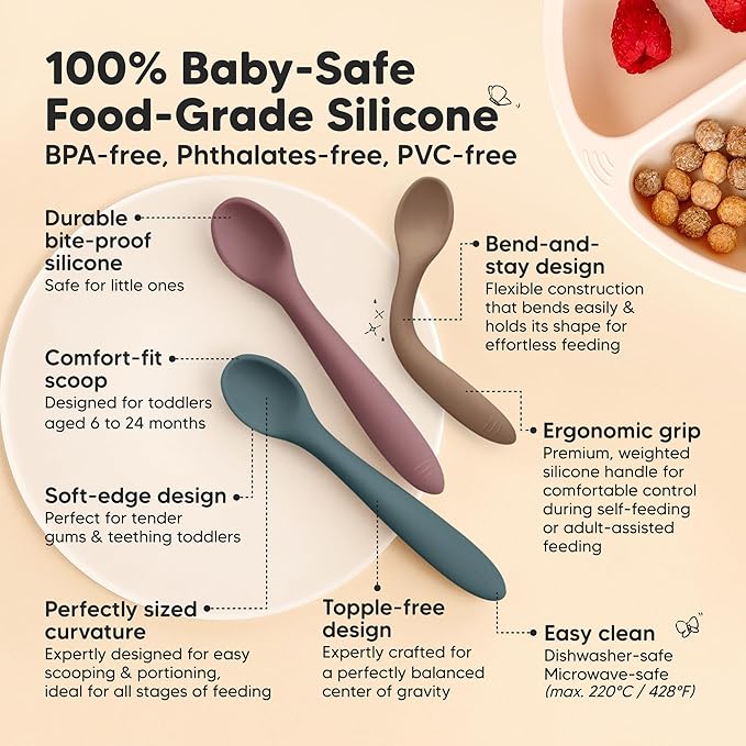 KeaBabies Silicone Baby Spoons, Self Feeding 6-12 months - 3-Pack Baby Weaning Eating Utensils, Toddler First Food Training Spoon, Infant, Kids Feeding Supplies Essential Set, Dishwasher-safe (Rocky)-BubblyBeeBaby