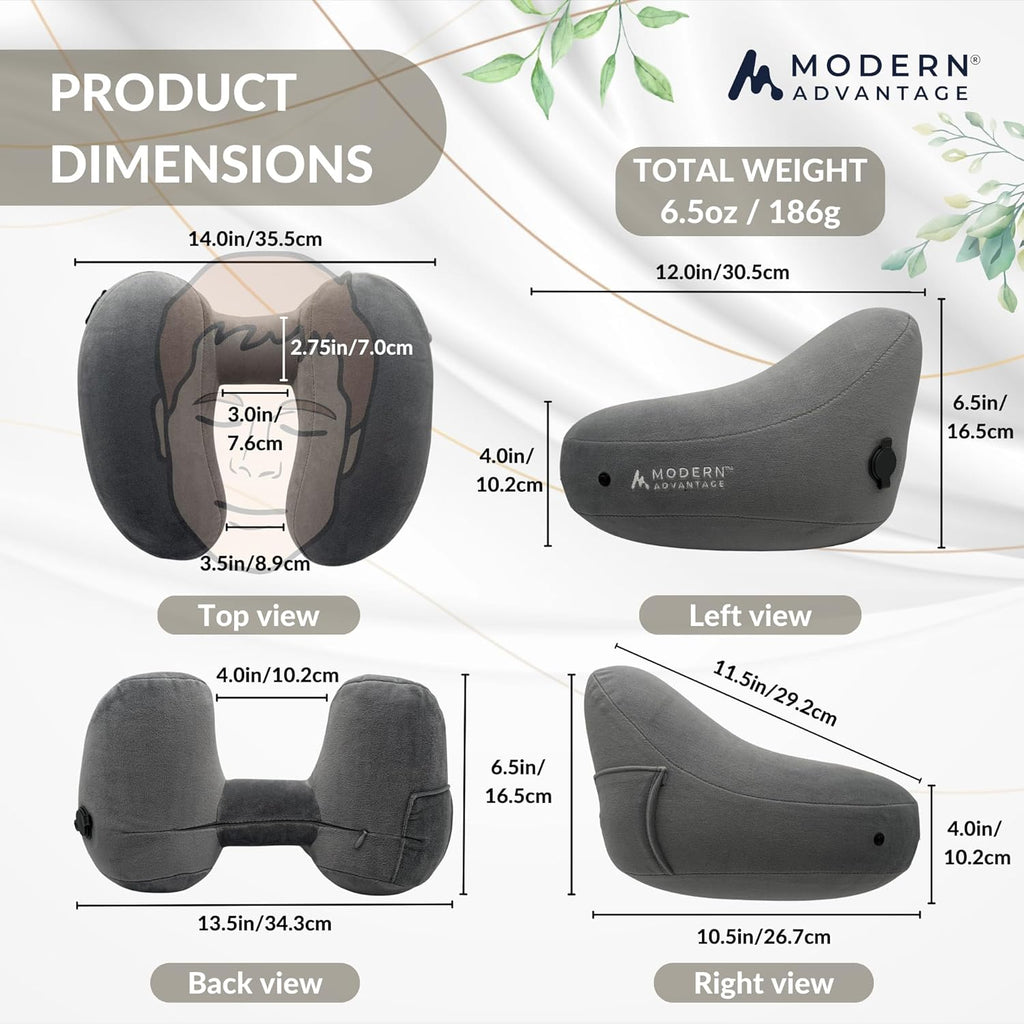 Modern Advantage Inflatable Travel Pillow for Airplanes – Hooded Neck Pillow with Adjustable Support – Comfortable, Compact & Travel-Friendly – Perfect for Sleeping on Long Flights (Grey)