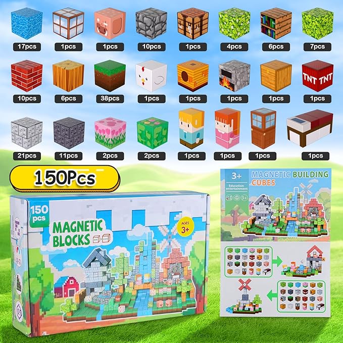 150PCS Magnetic Building Blocks, 1 Inch Magnetic Cubes for Kids Ages 3-8, STEM Montessori Toys, Creative Construction & Stacking Toys, Educational Magnetic Blocks for Boys & Girls-BubblyBeeBaby