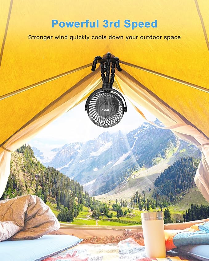 Stroller Fan Clip on for Baby, 4000mAh Rechargeable Battery Operated, Flexible Tripod, 3 Wind Speed, 360° Rotatable, Small Cooling Portable Fan for Car Seat Crib Golf Cart Bike Treadmill, Black-BubblyBeeBaby