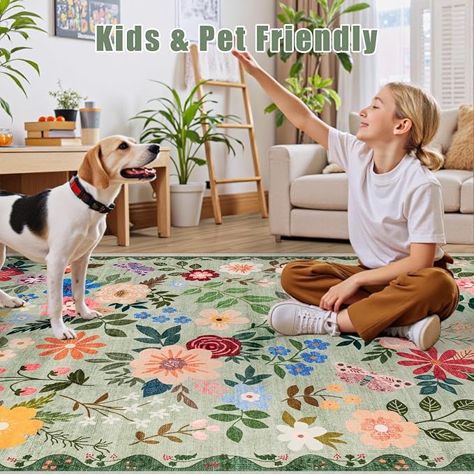 10x14 Area Rugs for Living Room: Floral Washable Rug Vintage Large Soft Boho Non-Slip Carpet Indoor Stain Resistant Low Pile Carpets for Bedroom Dining Room Farmhouse Nursery Hallway Home Office Green-BubblyBeeBaby