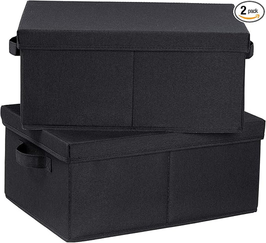 HOONEX Storage Bins with Lids for Organizing, Pack of 2, Storage Boxes with 2 Carrying Handles and Sturdy Heavy Cardboard, 16.5" L x 11.8" W x 7.5" H for Shoes, Books, Clothes, Black-BubblyBeeBaby