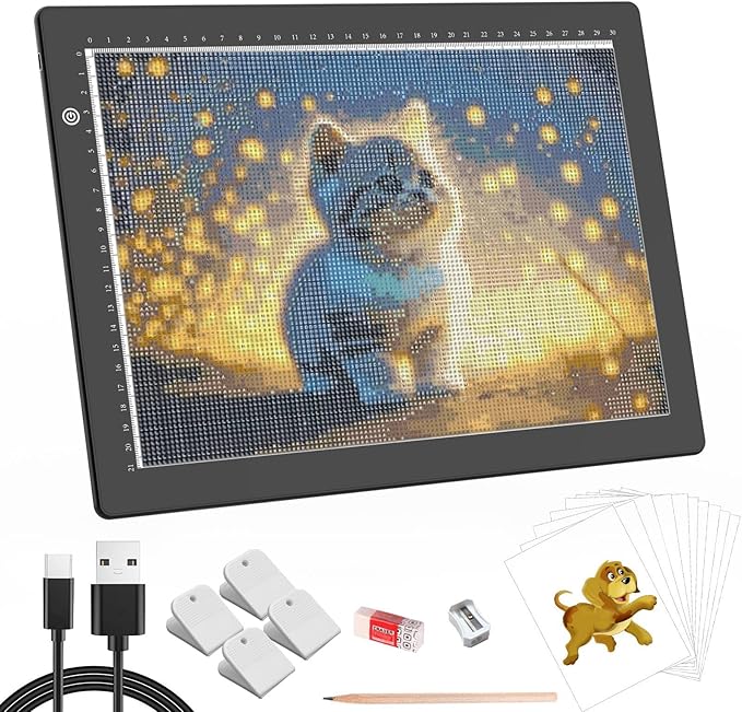 HIUKCOLED A4 Light Tracing Box with 4 Pcs Clips, Stepless Adjustable Brightness Ultra-Thin Light Pad, USB Powered LED Light Board for Drawing,Diamond Painting,Sketching,Animation,X-Ray,Sand Painting-BubblyBeeBaby