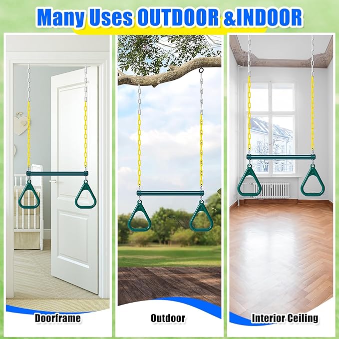 Hungdao 2 Set Gym Ring Trapeze Swing Bar and Climbing Rope with Platforms Disc Heavy Duty Coated Chains Seat Accessories for Outdoor Indoor Playground Backyard(Green)-BubblyBeeBaby