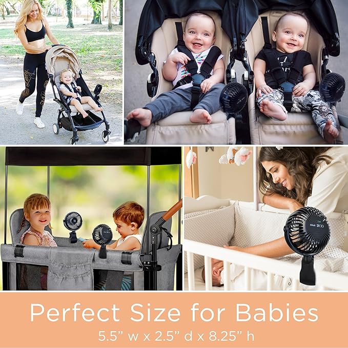 liuliuby Baby Stroller Fan with Clip | Clip On Fan for Baby Car Seat | Portable & Rechargeable with Durable Clamp | Stroller Accessories | Small Cooling USB Chargeable Battery (Jet Black)-BubblyBeeBaby