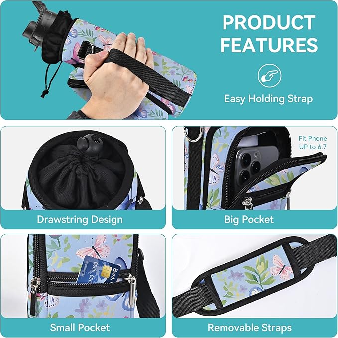 25/32/40/64oz Water Bottle Bag Holder Carrier-Insulated Crossbody Sling Case Sleeve with Strap & Pockets for Men Women Gym Cycling Travel Walking Hiking Camping-BubblyBeeBaby
