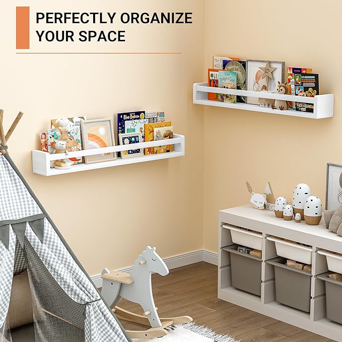 Heimlove Nursery Floating Shelves, White Nursery Book Shelves for Wall, 32 inch Wall Bookshelf for Kids Solid Wood Wall Mounted Shelves for Books,Toys and Decor Storage, Set of 3-BubblyBeeBaby