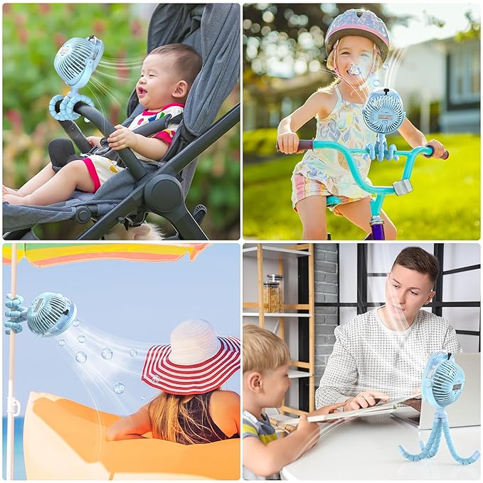 2025 Upgarded 4000mAh Misting Baby Stroller Fan, Rechargeable Battery Operated,Max 15Hrs Cooling,50ml Portable Water Sprayer Misting Fan with Flexible Tripod Clip on Car Seat Crib Treadmill Bunk Bed-BubblyBeeBaby
