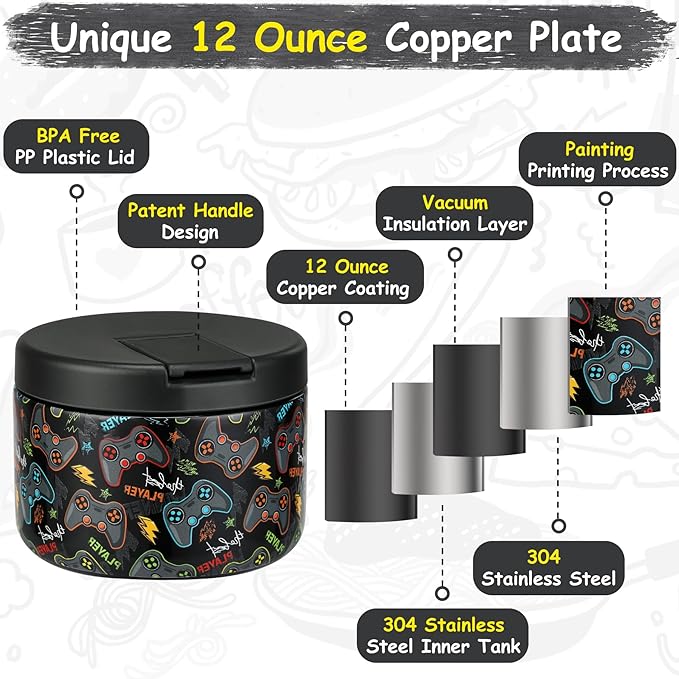 12oz Insulated Vacuum Food Jar with Buckle Lid Wide Mouth Soup Thermo for Hot Food Kids Leakproof Stainless Steel Lunch Container (Black-Game)-BubblyBeeBaby