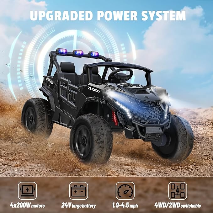 24V 2 Seater Ride on Car Truck, 4x200W, EVA Tires, 4WD/2WD, Rainbow Lights, Remote Control, Shock Absorbers, Bluetooth, Ride On UTV Toy for Kids Ages 3-8, Black-BubblyBeeBaby