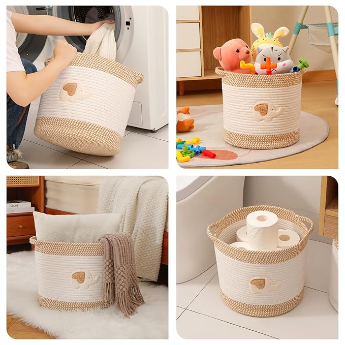 INough Toy Storage Baskets Woven Cotton Rope Storage Basket for Kids, Blanket Baskets for Living Room Toy Basket Box Toys Organizer with Embroidery Decor Cute Baskets for Nursery, Playroom (Elephant)-BubblyBeeBaby