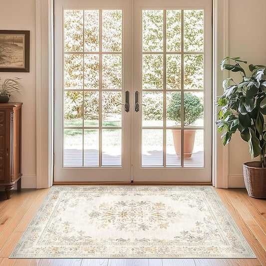 jinchan Vintage Floral 3x5 Area Rugs for Entryway - Machine Washable Distressed Design Ultra-Thin Low-Pile Soft Non-Shedding Carpet for Kitchen Bedroom Entrance Laundry Living Room (3x5ft,Light Grey)-BubblyBeeBaby