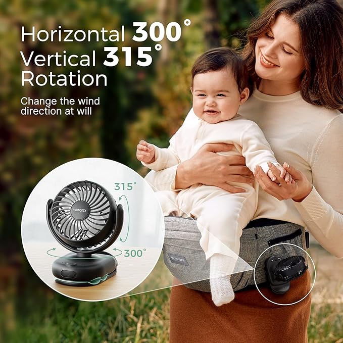 Momcozy Portable Fan with Clip | 4-Speed Mini-Fan for Carrier | Personal Fans Ultra Lighter 0.26lb | Gaps ≤4.5mm | Handheld Cooling | Rechargeable Rotate for Diaper Backpack/Stroller/Carrier/Chair-BubblyBeeBaby
