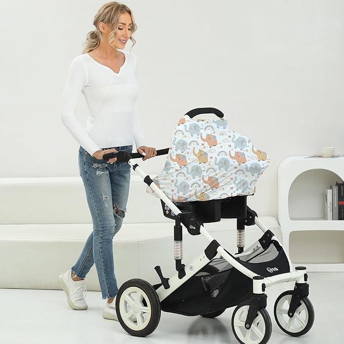 Breathable Car Seat Cover for Babies – Multi-Purpose Soft Rayon Nursing Cover for Breastfeeding, High Stretchy Infant Carseat Canopy, Stroller Cover (Smooth Rayon, Cute Elephant)-BubblyBeeBaby