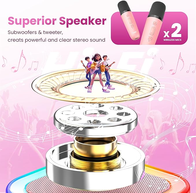 Karaoke Machine for Kids Adults, Portable Bluetooth Mini Karaoke Microphone Singing Speaker with 2 Mic and Light,Toys for All Smartphones,Birthday, Family,Home Party (Pink)-BubblyBeeBaby