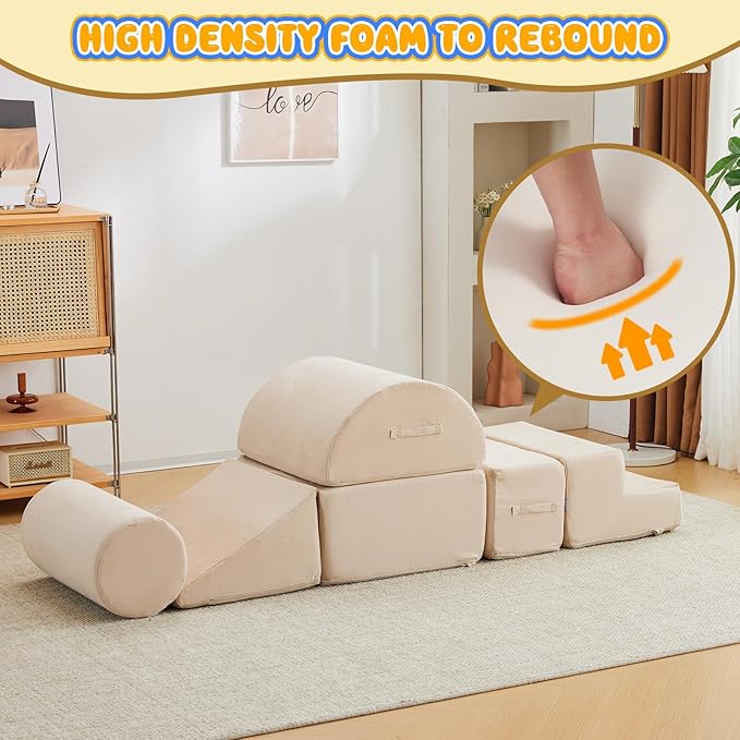 jela Foam Blocks 6Pcs Soft Play Equipment Luxury Miss Fabric, Toddler Climbing Toys Indoor Soft Play Climbing for Toddlers, Lightweight Climbing Blocks for Babies, Kids, Climb and Crawl Foam Playset-BubblyBeeBaby