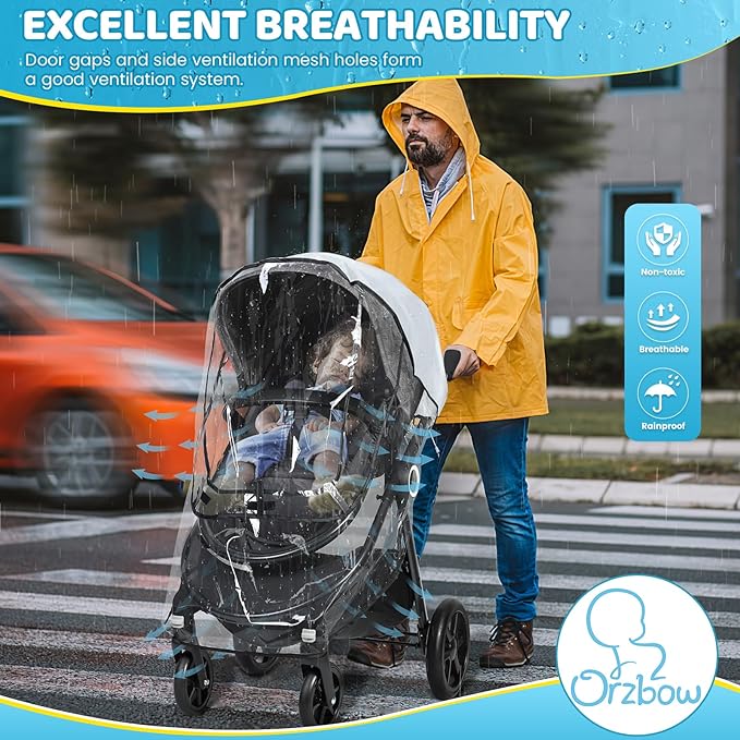 Universal Clear Stroller Rain Cover, No-Zip Waterproof Stroller Cover - Food Grade EVA & Frosted PVC, Baby Travel Weather Shield, Breathable Rain Cover for Most Single Strollers, Black-BubblyBeeBaby