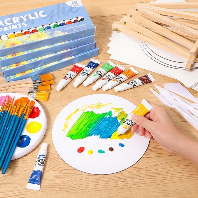 12 Pack 8x10” Canvas Boards and Round Canvas for Painting, Couple Painting Kit with Wood Easel, Acrylic Paint, Paint Brushes Set for Kids Teenagers Adults Date Night Sip and Paint Party-BubblyBeeBaby