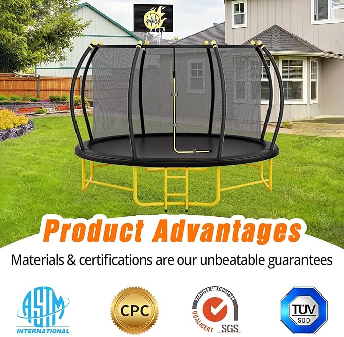 14FT Pumpkin Trampoline with Basketball Hoop, Balance Bar and Enclosure Net, Outdoor Trampoline for Kids and Adults, Capacity 880 lbs-BubblyBeeBaby