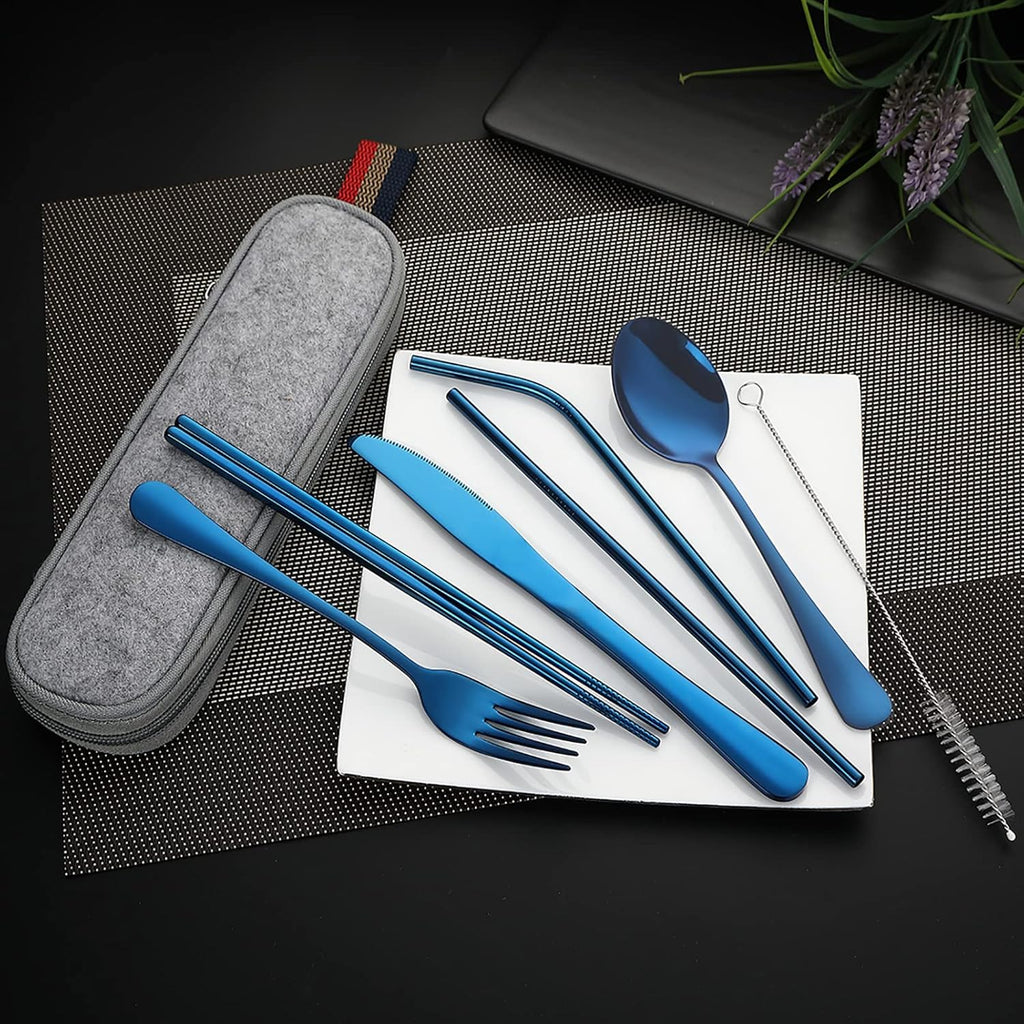 DEVICO Portable Utensils, Travel Camping Cutlery Set, 8-Piece including Knife Fork Spoon Chopsticks Cleaning Brush Straws Portable Case, Stainless Steel Flatware set (Blue)