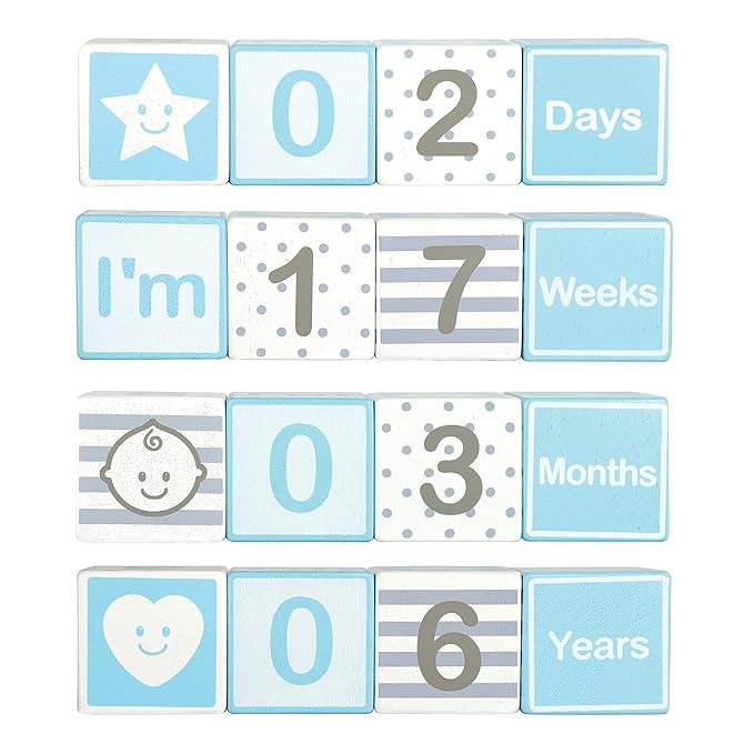 I'm Solid Wood Monthly Weekly Yearly Milestone Age Blocks, Newborn Gifts & Keepsakes for Picture Props (4 Pcs/Blue)-BubblyBeeBaby