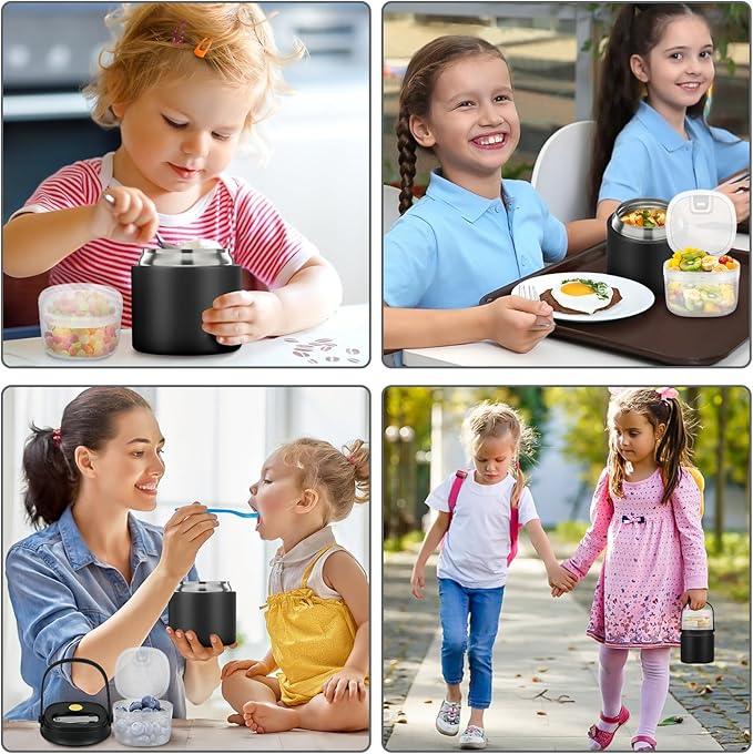 2-in-1 Insulated Food Jar & Snack Container - 15oz Kids Soup Thermos for Hot Food with Handle and Spoon, Leak Proof Reusable Toddler Snack Box, Perfect for School & Travel, Black-BubblyBeeBaby
