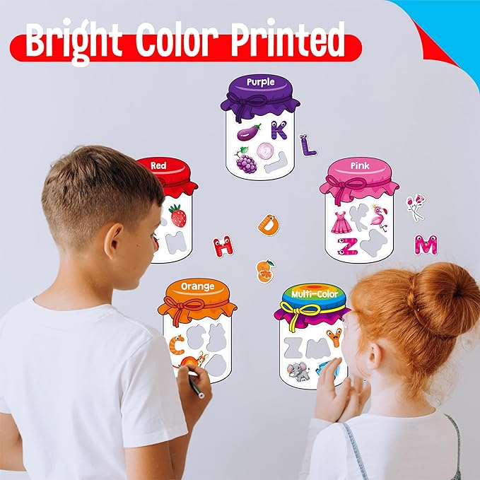 12 Pieces Magnetic Color Sorting Jars, 60 Color & Letter Magnets for Fridge Whiteboard, Early Educational Sorting Toy Set, Alphabet A-Z Learning Tool for Baby Toddlers Kids-BubblyBeeBaby