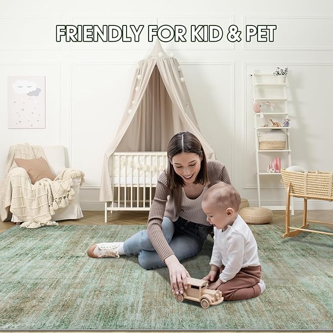 10x14 Area Rugs for Living Room: Soft Abstract Large Area Rug Non-Shedding Anti-Skid Stain Resistant Indoor Floor Modern Washable Rugs for Bedroom Dining Room Nursery Farmhouse Home Office-Green-BubblyBeeBaby