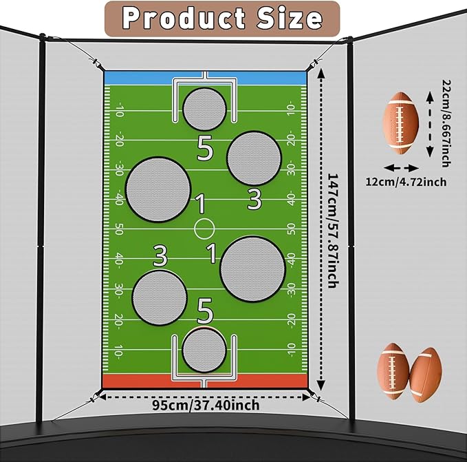 jumpfly Trampoline Football Game Accessories, Toss Throwing Target Net Fits 8 FT/10 FT/12 FT/14 FT Recreational Trampolines with Two Footballs - Trampoline Indoor Outdoor Party Games for Kids-BubblyBeeBaby