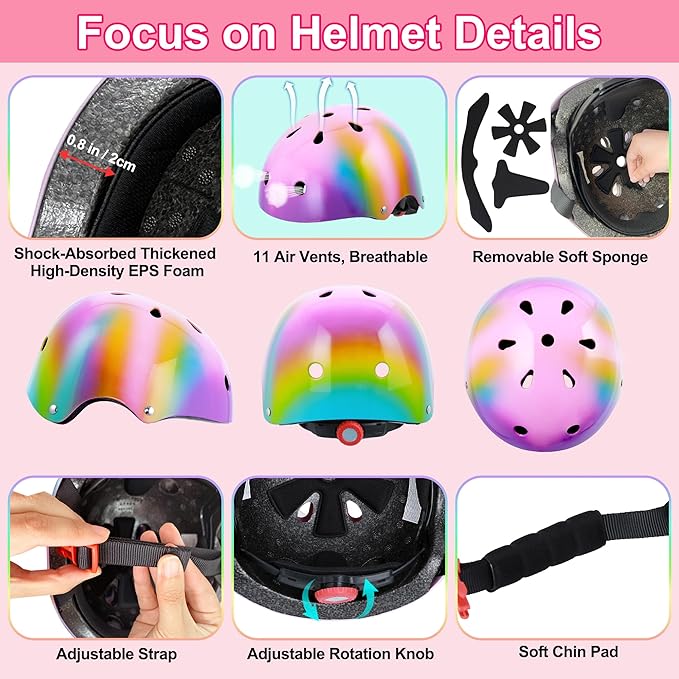 Kids Bike Helmet with DIY Stickers and Knee Pads Elbow Pads Wrist Guard Set for Ages 3-8-14 Toddler Boys Girls Helmet for Roller Skates Cycling Skateboarding Bicycle Scooter-BubblyBeeBaby