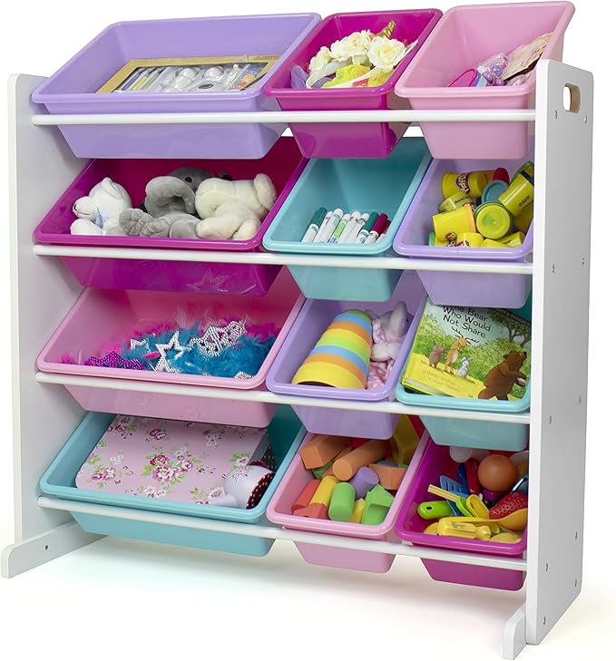 Humble Crew Kids Toy Storage Organizer with 12 Plastic Bins, White/Pink/Purple/Turquoise – Removable Bins for Playroom, Bedroom, Toddler Furniture for Boys and Girls Ages-BubblyBeeBaby