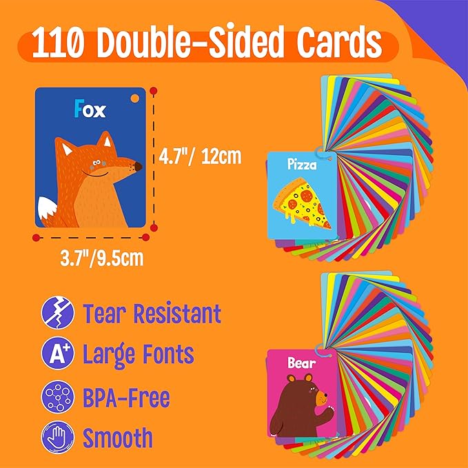 110 PCS Early Learning Flashcards, Double Sided Cards- Alphabet, Numbers, Foods, Animals, Shapes, Colors, Home Object with 4 Reclosable Rings, Learning Tool for Pre-K Kindergarten Toddlers-BubblyBeeBaby