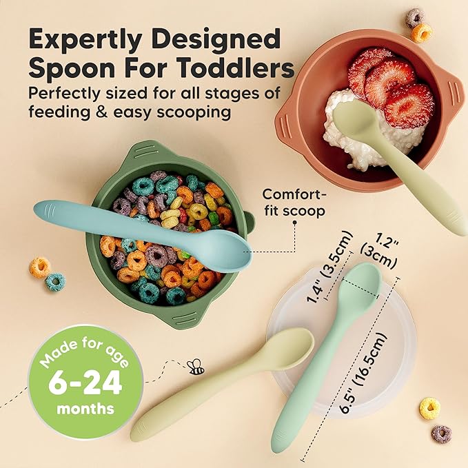 KeaBabies Silicone Baby Spoons, Self Feeding 6-12 months - 3-Pack Baby Weaning Eating Utensils,Toddler First Food Training Spoon,Infant,Kids Feeding Supplies Essential Set,Dishwasher-safe (Pastel Sky)-BubblyBeeBaby
