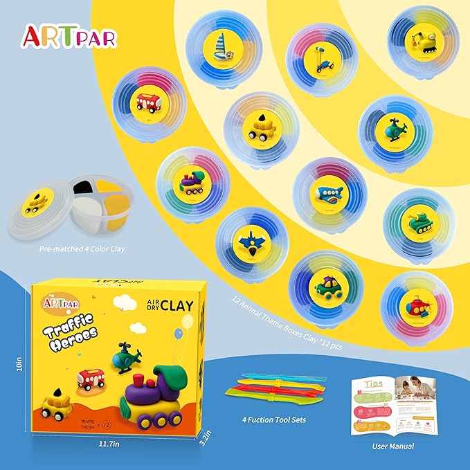Kids Air Dry Clay Kit,12 Pack Traffic Modeling Magic Clay Sculpting Set | Ultra Light Non-Toxic DIY Art & Crafts School Classroon Projects,Home Party Favors Supplies for Boys Girls Adults-BubblyBeeBaby
