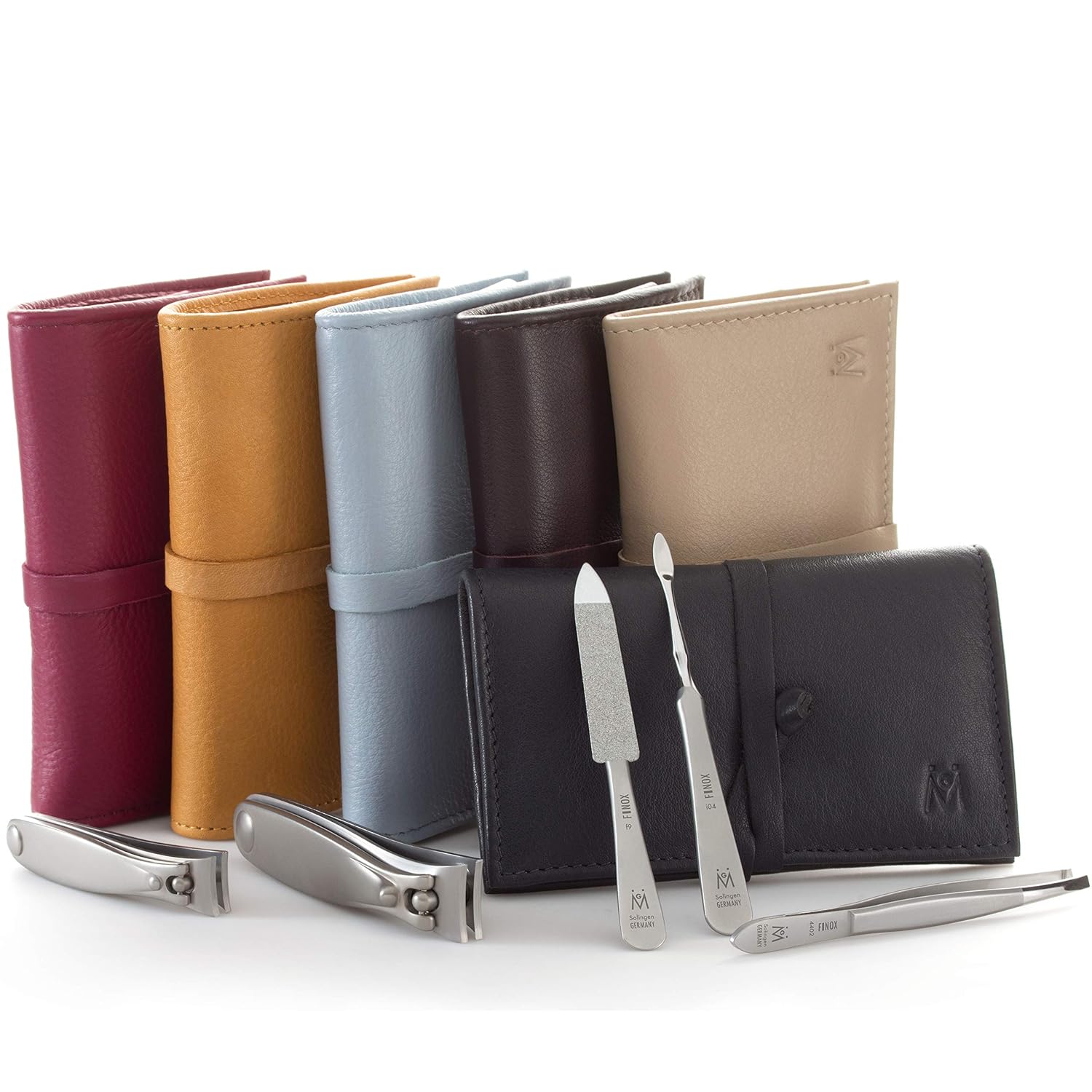 GERMANIKURE 5pc Manicure Set in Black Leather Case - Made in Solingen Germany, FINOX Stainless Steel Tools – Professional Quality Compact Nail Grooming Kit