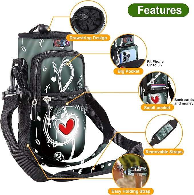 icolor Water Bottle Carrier Bag with Strap 25/32/40 oz Crossbody Bottle Holder with Phone Pocket Sling Sleeve Insulated Neoprene Water Bottle Pouch for Walking Travelling-BubblyBeeBaby