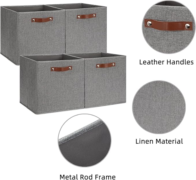 HNZIGE Fabric Storage Cubes Bins Baskets for Shelves Set of 4 Baskets, 13 Inch Storage Bins with Handles, Foldable Storage Cube Organizer Bins Organizing Home Nursery (Gray)-BubblyBeeBaby