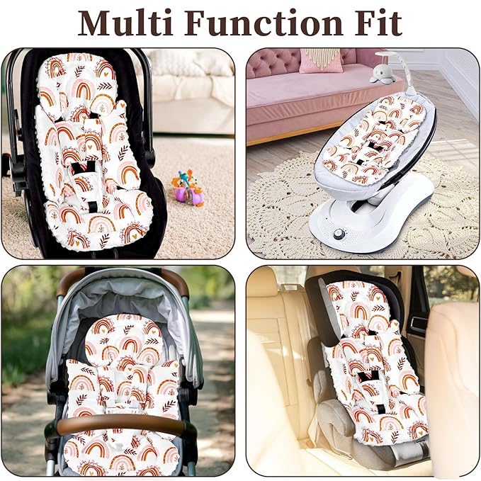 Pea Pod Infant Car Seat Insert with 3 Strap Covers, 3 in 1 Reversible Rainbow Baby Car Seat Head Support for Newborn, 3D Soft Minky Carseat Cushion for Preemie to Infant, Stroller, Swing, Bouncer-BubblyBeeBaby
