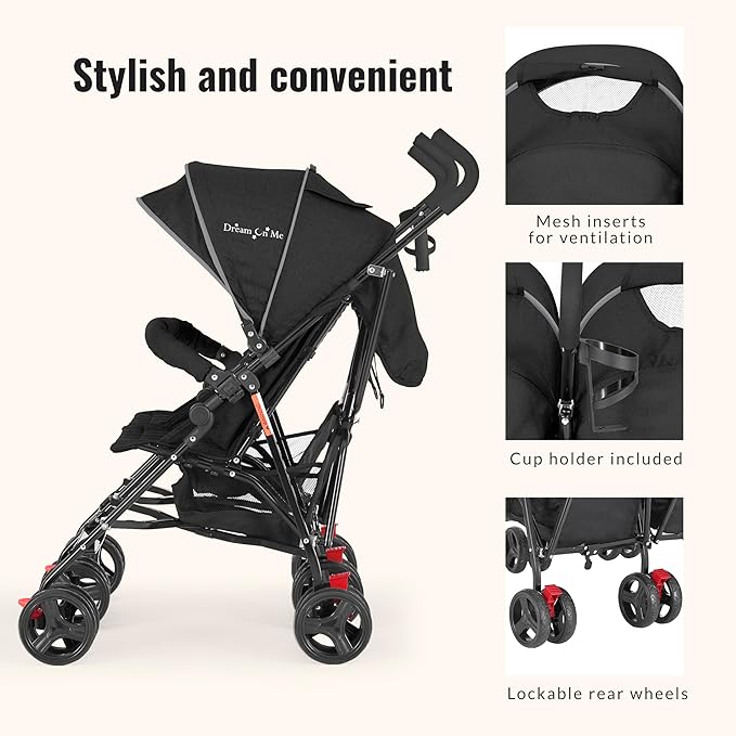Dream On Me Volgo Twin Umbrella Stroller in Black, Lightweight Double Stroller for Infant & Toddler, Compact Easy Fold, Large Storage Basket, Large and Adjustable Canopy-BubblyBeeBaby