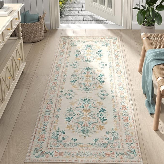jinchan Hallway Runner Rug 2x8 Vintage Floral Distressed Design - Machine Washable Non-Slip Low-Pile Soft Thin Faux Wool Kitchen Carpet for Farmhouse Bedroom Laundry Room(2x8ft,Apricot Multi)-BubblyBeeBaby