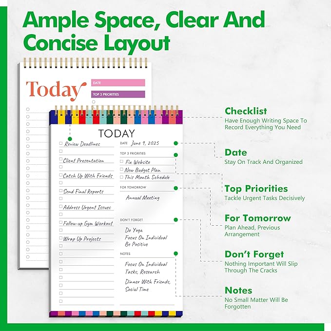 2 To Do List Notepads, Daily Planner Notebook with Tear-off Design, Undated Writing Organizer for Daily Tasks and Goal, Coiled Task Track Checklist Productivity Pad for Office, Classroom, Home, School-BubblyBeeBaby