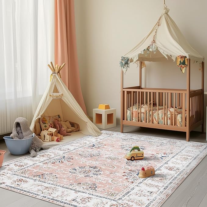 jinchan Washable Area Rug 4x6 Ultra-Thin Low Pile Non-Slip Stain Resistant Soft Faux Wool Spring Floral Rug Distressed Vintage Carpet for Bedroom,Living Room,Dining Room,Kitchen,Nursery(Pink, 4' x 6')-BubblyBeeBaby