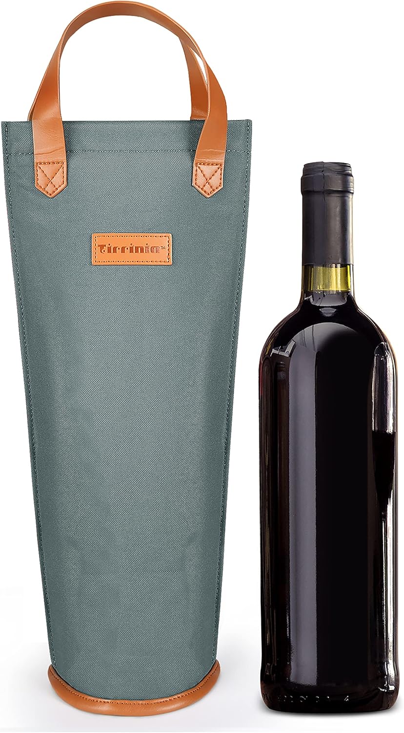 Tirrinia Single Wine Carrier Tote, Insulated Wine Cooler Bag for Travel, Picnic, & Wine Gifts – Thermal Padded Wine Bottle Holder Tote for Men & Women, Wine Gift for Wine Lovers,Gray