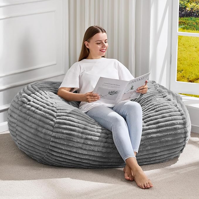 Hobestluk 3FT Bean Bag Chairs Adult Bean Bag with Portable Handle Comfy Large Bean Bag Chair with Removable Cover for Living Room Bedroom or Reading Nook (Stripe Grey, 3FT)-BubblyBeeBaby