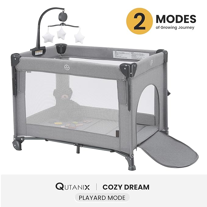 2-in-1 Baby Playard, Pack and Play Bassinet, Easy Folding Portable Crib with Music Mobile for Newborn to Toddlers (Grey)-BubblyBeeBaby